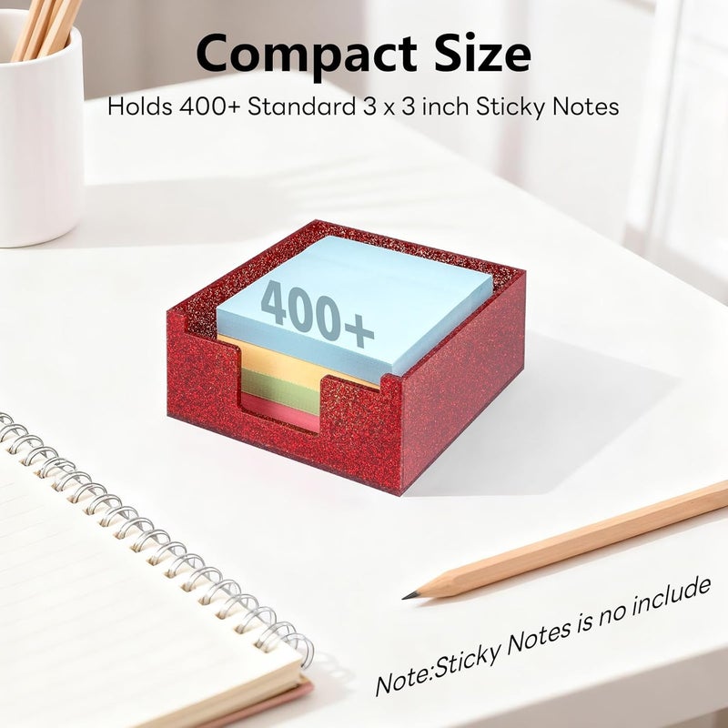 Luminzo Red Sparkling Sticky Note Holder, Glitter Acrylic Organizer, 3.94 x 3.94 in Multi-Use Tray for Office, School & Home Desk - Image 3